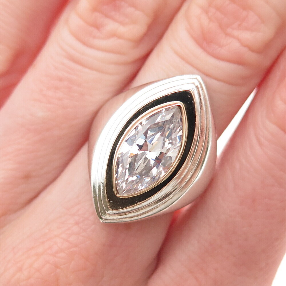Lori Bonn 925 Sterling 14K Gold Vintage Marquise-Cut C Z Modernist Ring Size 6